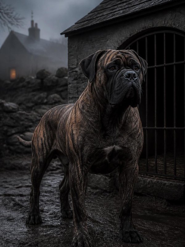 Brutus, ein gewaltiger gestromter Mastiff vor dem Zwinger