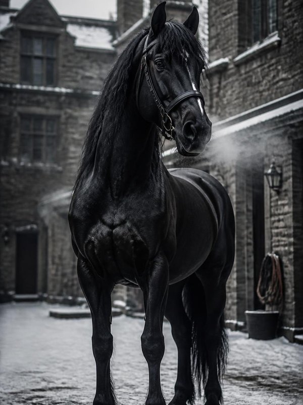Corvus, der tiefschwarze Hengst, dampfend im verschneiten Hof von Blackwood Hall