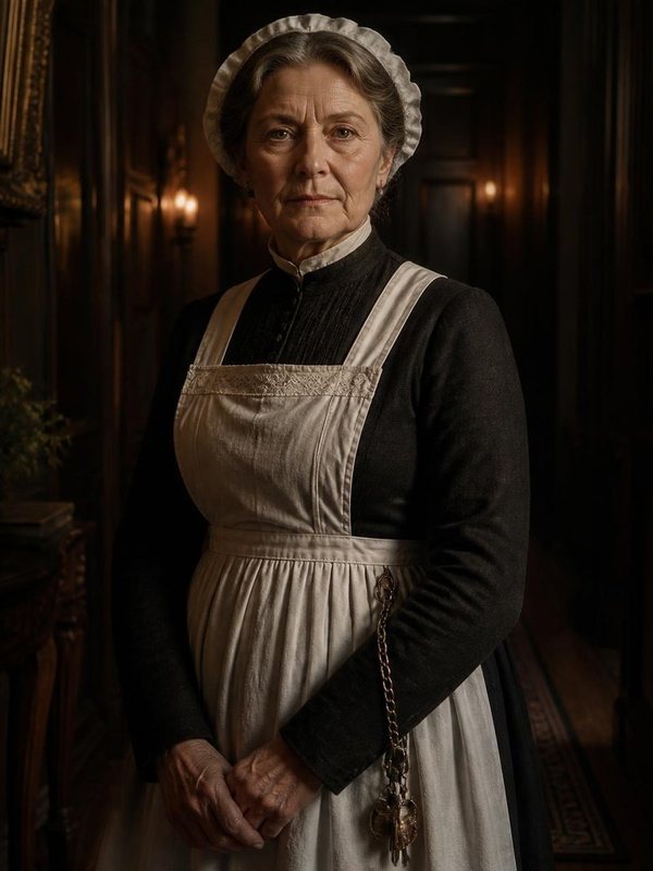 Porträt von Mrs. Gable, der Haushälterin, in dunklem Kleid mit weißer Schürze und Haube