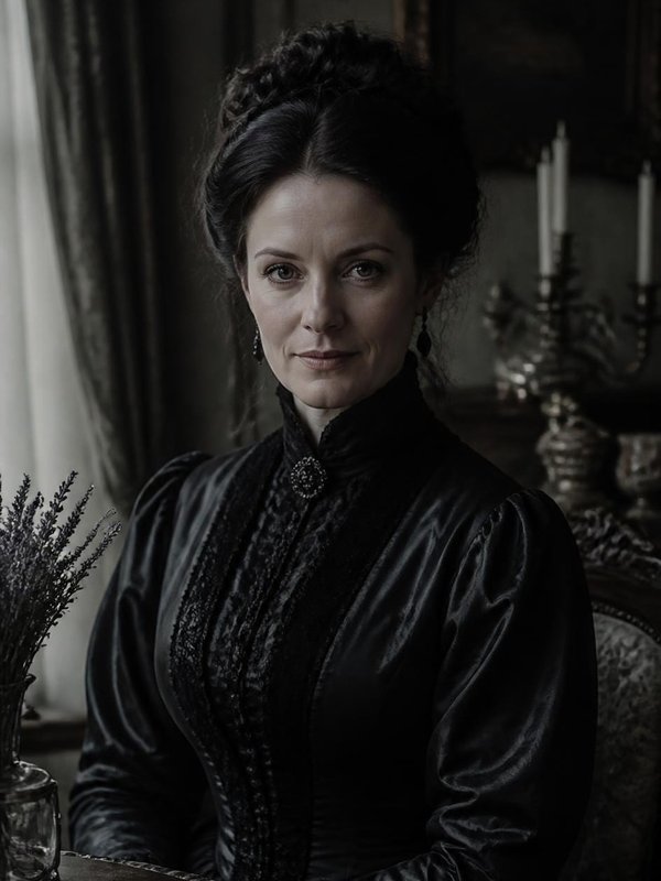 Lady Catherine Montgomery in schwerer dunkler Seide, mit Lavendel und Kerzenleuchtern im Salon