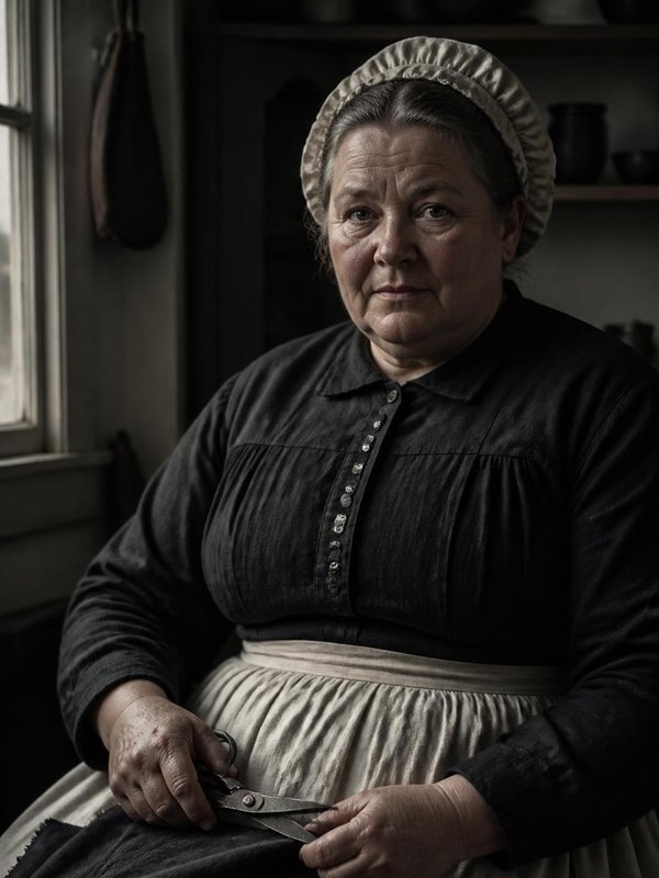 Martha Greaves, die Näherin in schwarzem Kleid und heller Schürze, mit Schere und Stoff