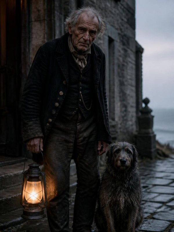 Mr. Hesketh, der alte Verwalter, mit Laterne und seinem Hund vor dem Herrenhaus