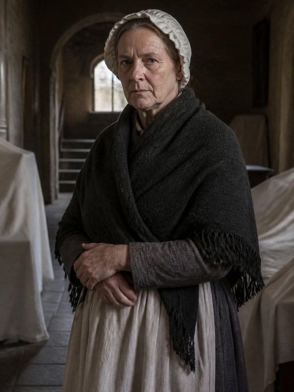 Mrs. Hesketh in schlichter Haube und dunklem Schultertuch