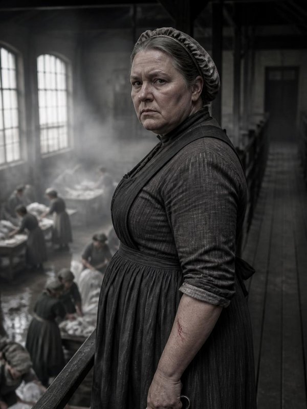 Porträt von Mrs. Pratt, der Aufseherin, auf dem Holzsteg über der Waschhalle mit einer Schere in der Hand