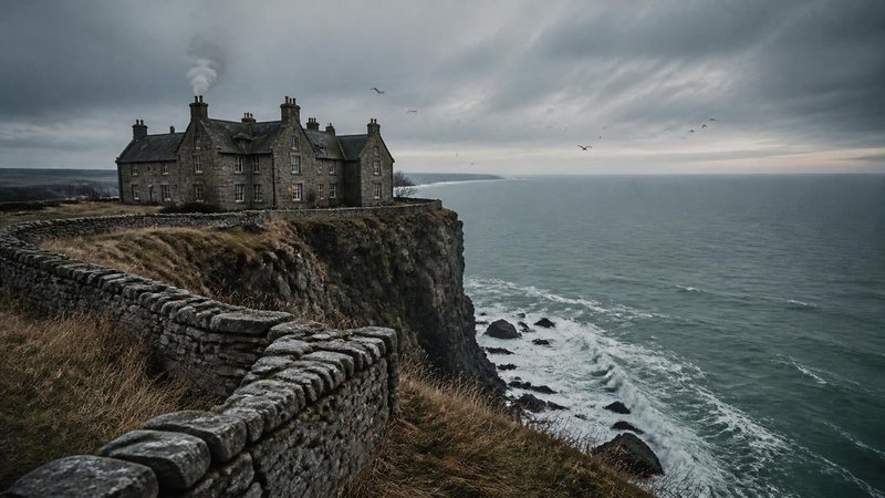 Saltcote House, ein graues Herrenhaus aus Stein auf einer Klippe über dem stürmischen Meer