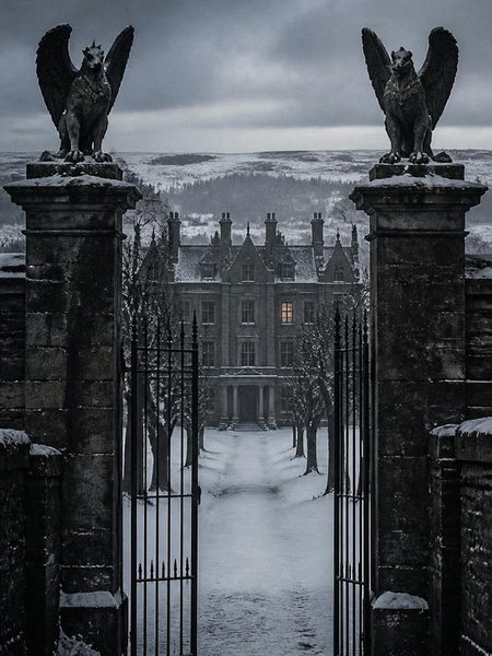Blackwood Hall im Schnee: das Herrenhaus hinter dem eisernen Tor, auf den Pfeilern steinerne Wesen mit Schwingen und Klauen