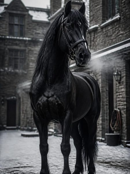 Corvus, der tiefschwarze Hengst, dampfend im verschneiten Hof von Blackwood Hall