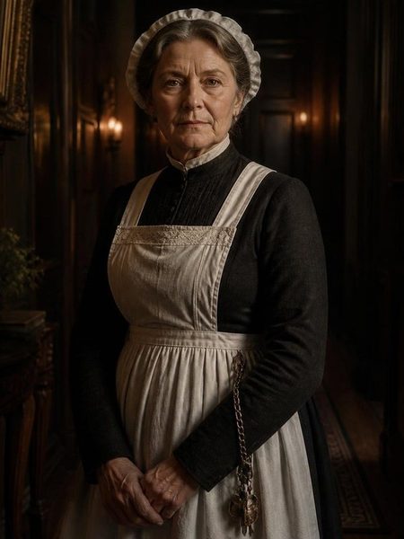 Porträt von Mrs. Gable, der Haushälterin, in dunklem Kleid mit weißer Schürze und Haube