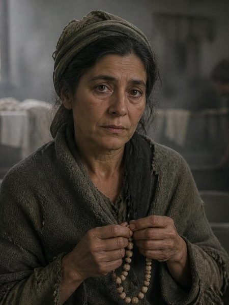 Porträt von Inés mit dunklem Kopftuch und Holzperlenkette in einer Waschküche