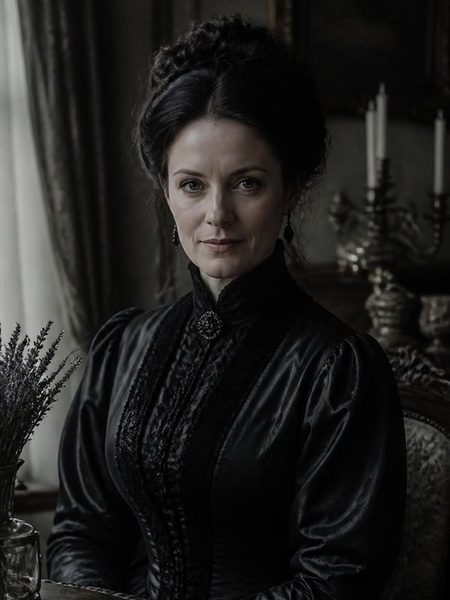 Lady Catherine Montgomery in schwerer dunkler Seide, mit Lavendel und Kerzenleuchtern im Salon