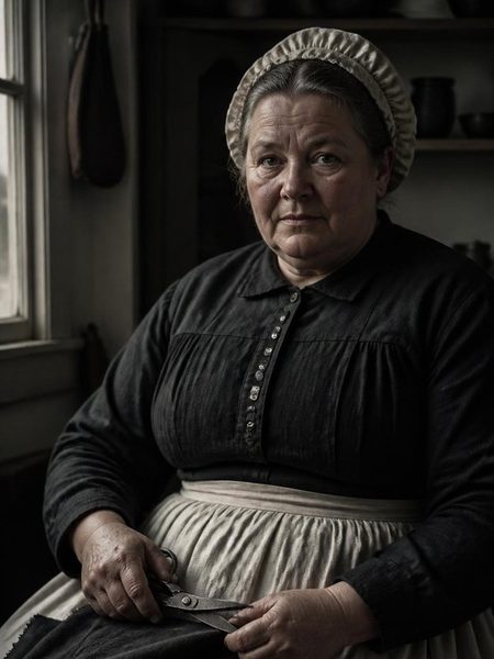 Martha Greaves, die Näherin in schwarzem Kleid und heller Schürze, mit Schere und Stoff