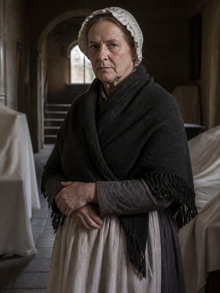 Mrs. Hesketh in schlichter Haube und dunklem Schultertuch