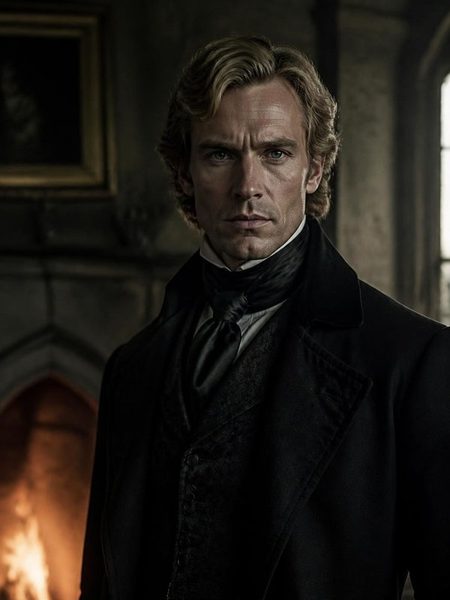 William Percy, Duke of Blackwood, hellblond, in schwarzem Mantel vor einem Kamin