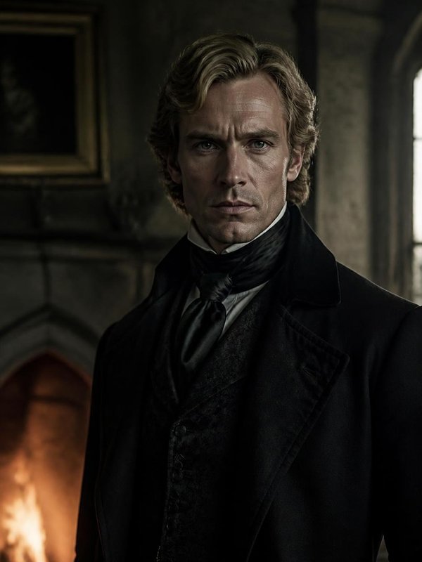 William Percy, Duke of Blackwood, hellblond, in schwarzem Mantel vor einem Kamin